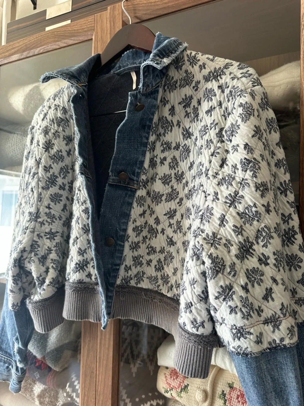 Free People Quilted Floral Mix-Media Jacket in White and Blue - Picture 2 of 4